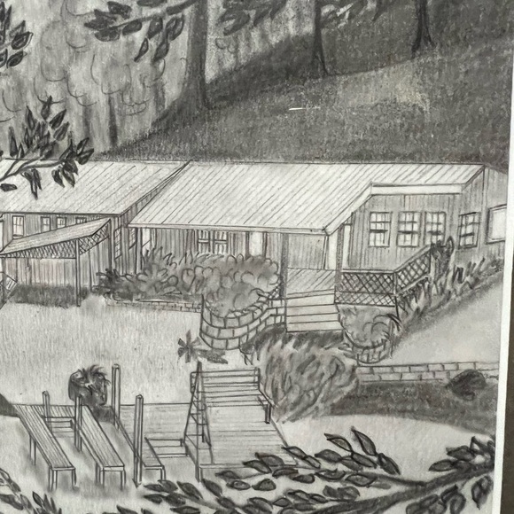 Vintage wooden Framed Signed by Artis lanscape - Artchitecture drawing 21” paper - Picture 9 of 12